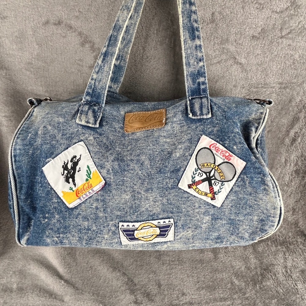 Vintage Coca-Cola Acid Wash Denim Duffel Bag 1987 Racquet Club Patch Barrel Bag